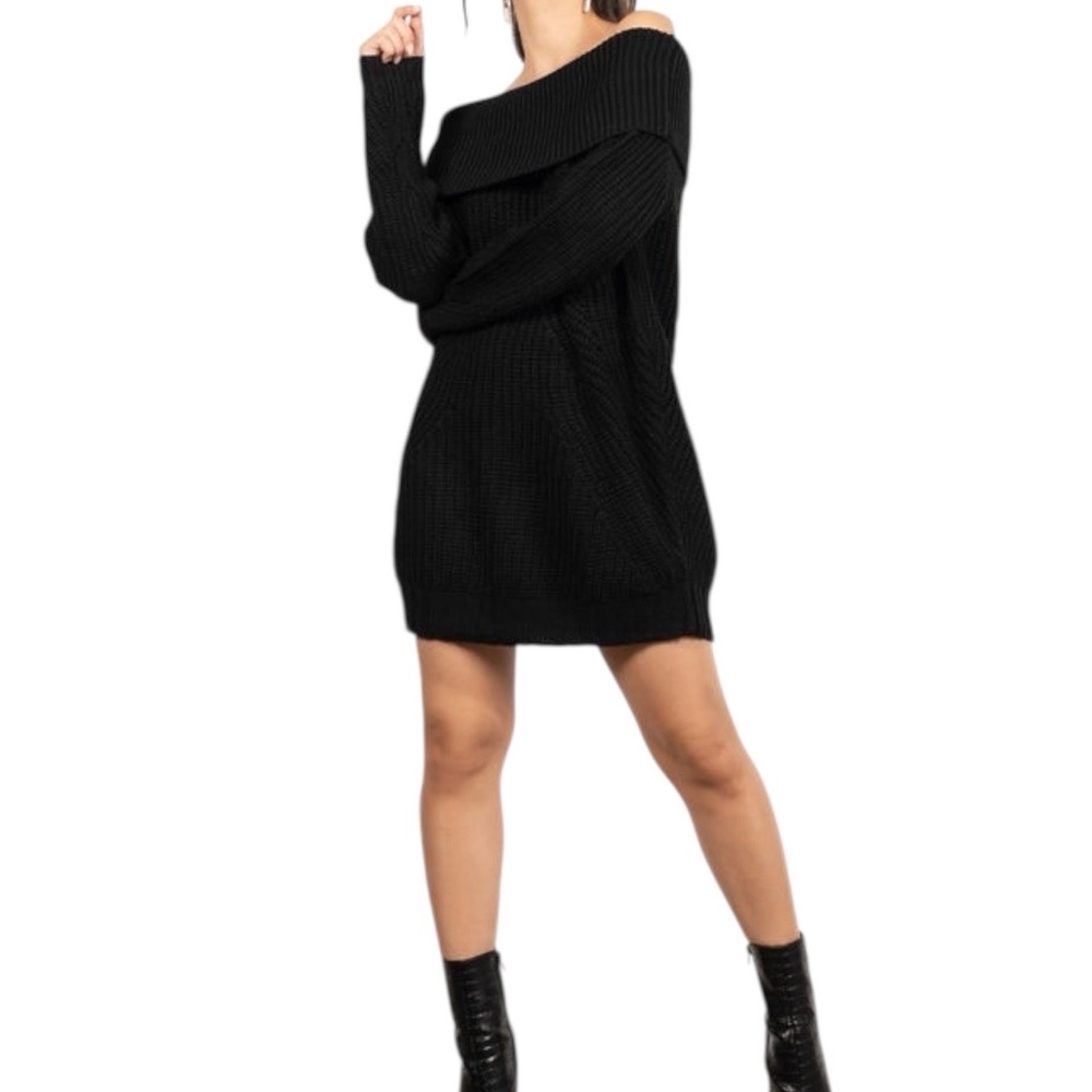 NWT Tobi Womens Off Shoulder Black Knit Sweater Dress Mini Sz M long sleeve